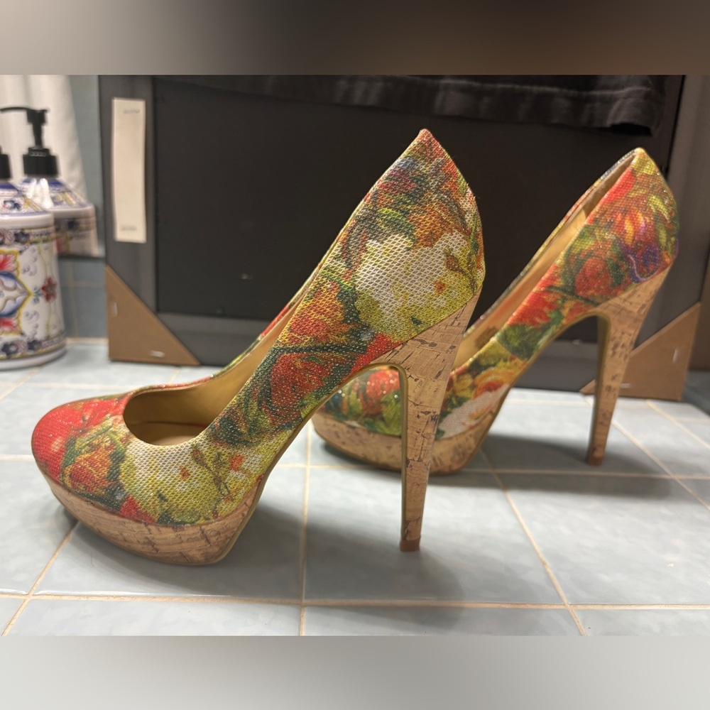 G by Guess Floral Cork Platform Heels